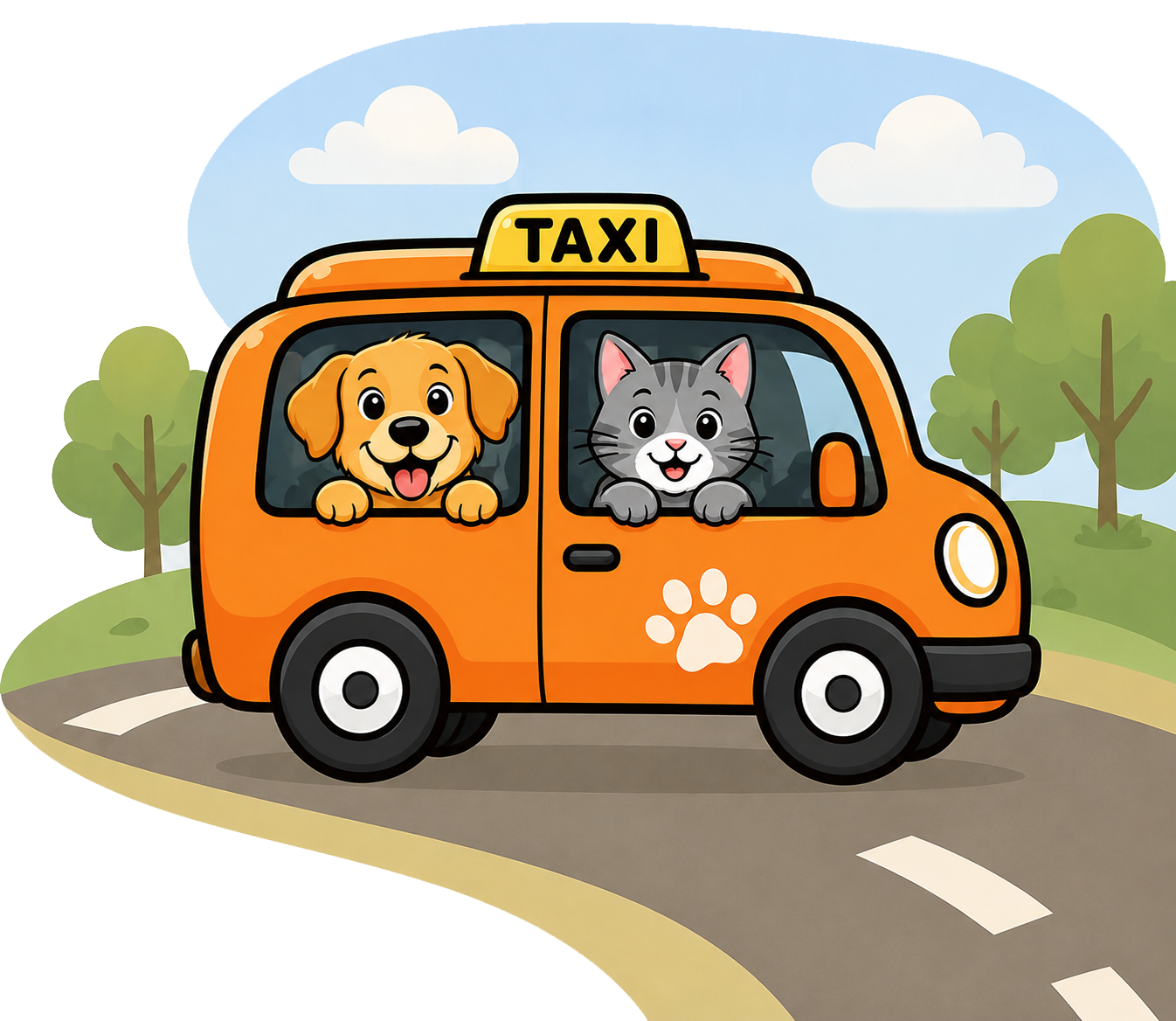 Cute cartoon graphic of a dog and cat in an orange van